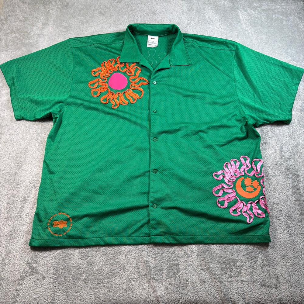 Nike Uphoria Mesh Top Mens XXL Green Button-Up Short Sleeve Embroidered DV9676